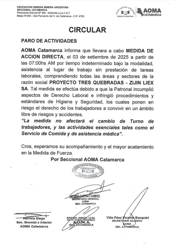PARO EN LA MINERA ZIJIN LIEX: AOMA Y LA EMPRESA EN CONFLICTO POR CONDICIONES LABORALES. - Image 2